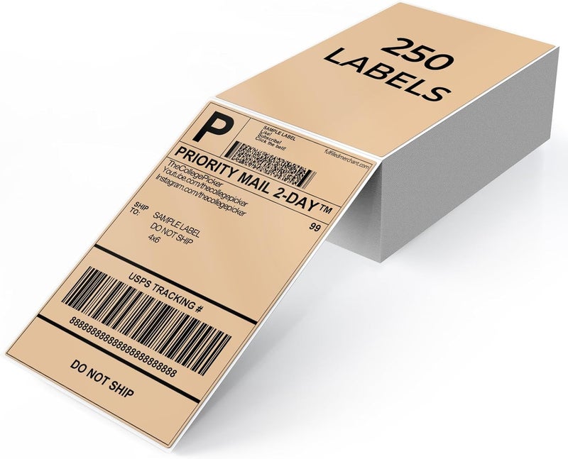 YIKIADA Khaki Shipping Thermal Labels 4 × 6 Inch Vinyl Self-Adhesive Fanfold Direct Stickers Waterproof Perforated Printer Decal for Office Warehouse Home Address 250 PCS - Image 1